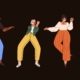 Set of diverse happy women dancing from fun and joy. Smiling young people moving to music at disco party. Collection of modern stylish female dancers in motion. Isolated flat vector illustrations.