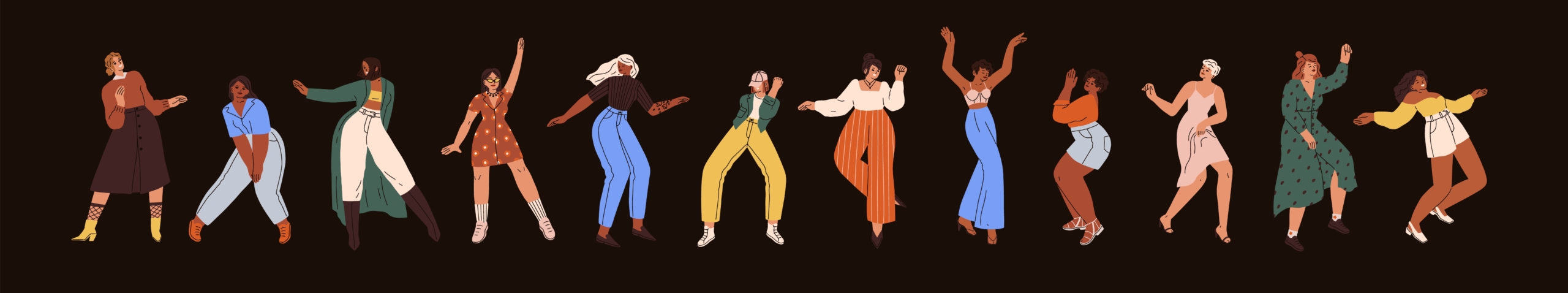 Set of diverse happy women dancing from fun and joy. Smiling young people moving to music at disco party. Collection of modern stylish female dancers in motion. Isolated flat vector illustrations.