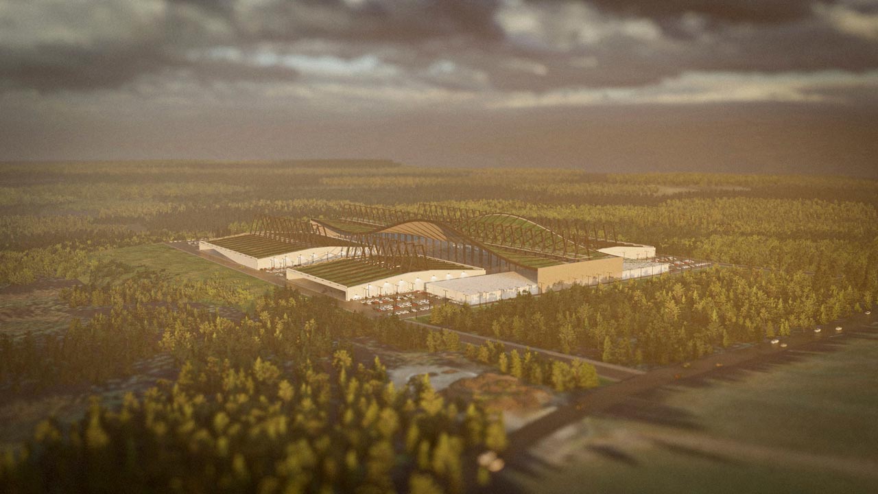 3D modell som illustrerer et industribygg, f.eks. en batterifabrikk på Hasvalsætra i Søndre Land.