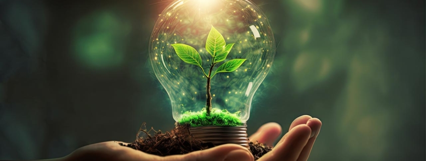 Bilde av en hånd som holder en lyspær. Inne i lyspæren voksen en plante. Illustrasjon på bærekraft, miljø osv.