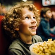 Adobe Stock KI-generert bilde av gutt på kino som spiser popcorn