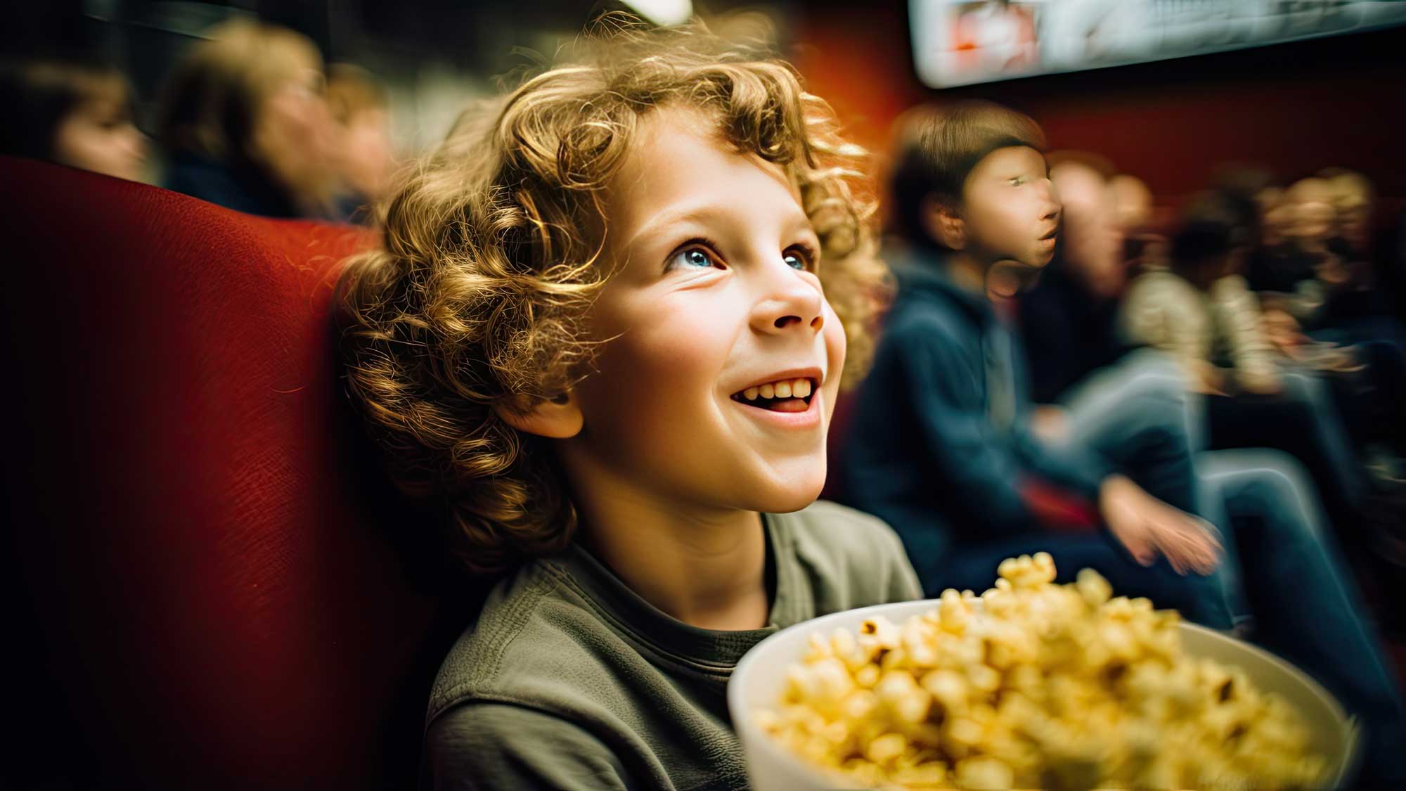 Adobe Stock KI-generert bilde av gutt på kino som spiser popcorn